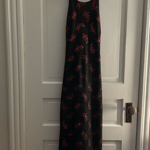 “Dollar” y2K Black Maxi Dress with Red Floral Design